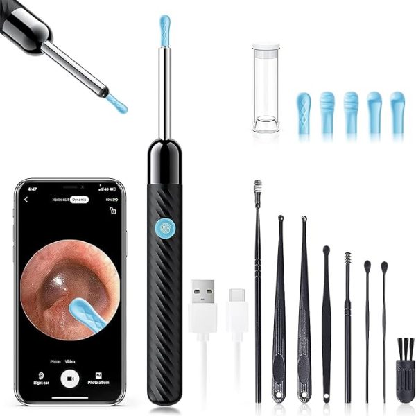 Ear Wax Removal - Earwax Remover Tool with 8 Pcs Ear Set - Ear Canal Cleaner with 1080P Camera - FSA HSA Eligible - Ear Cleaning Kit with 6 Ear Spoon - Ear Camera for iOS & Android (Black)
